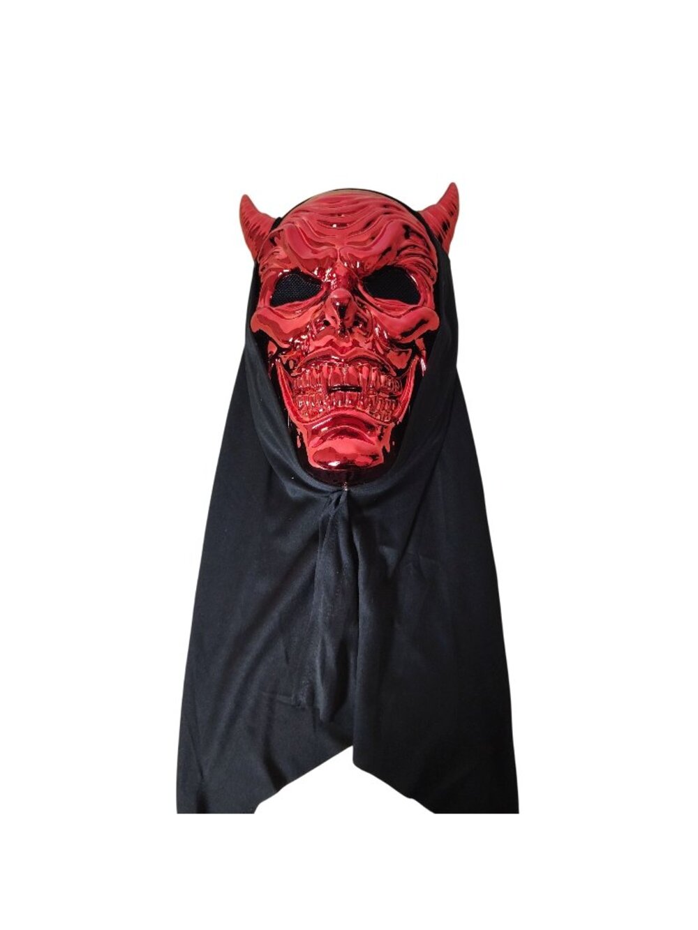 Red Horned Devil Halloween Mask with Black Hood Cowl Costume Adult